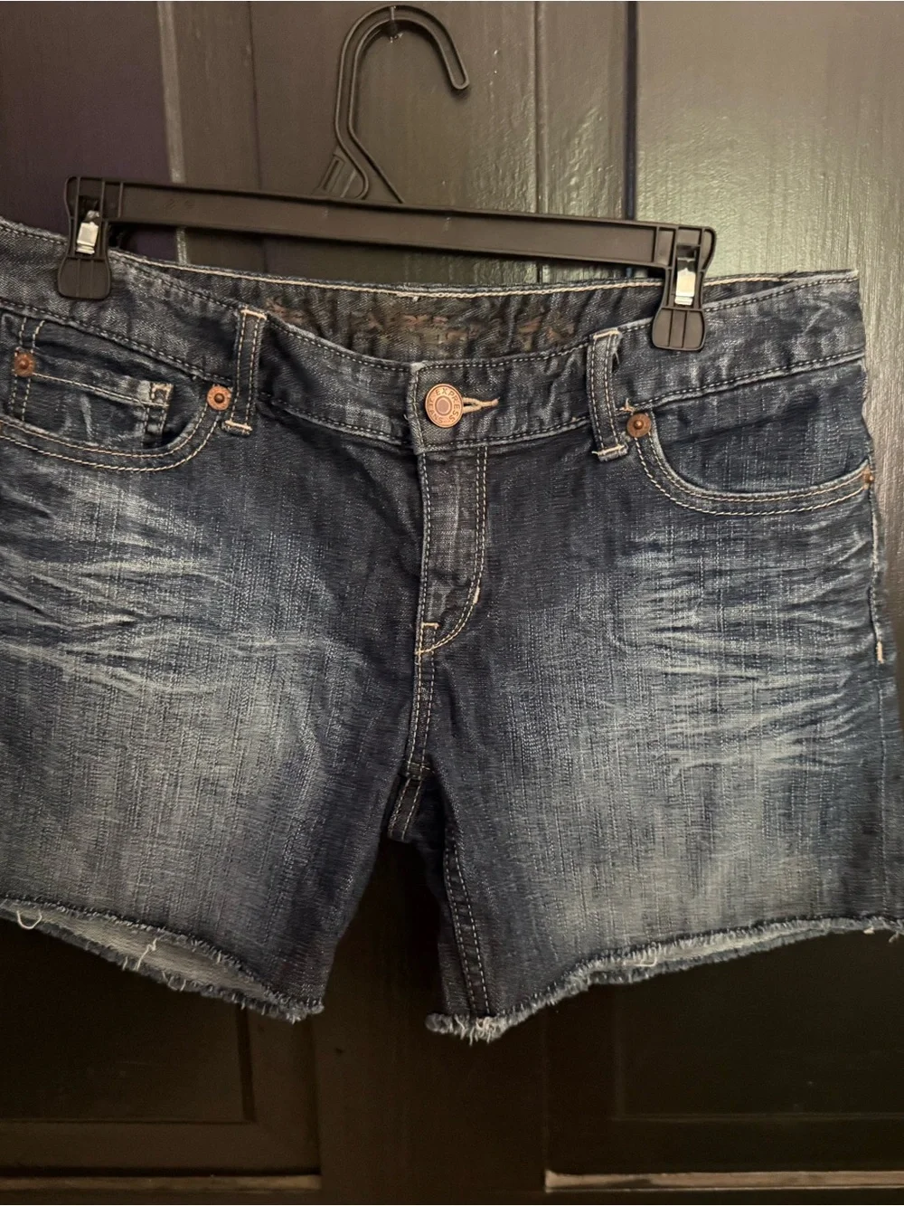 Express Dark Blue Distressed Denim Shorts - Picture 1 of 4